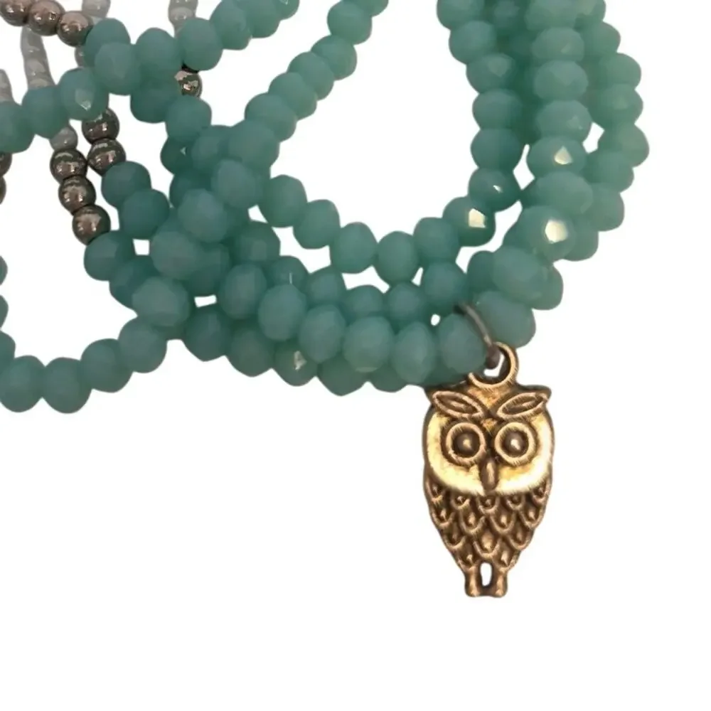 Owl Mixed Seed Crystal Beads Stacked Adjustable Bracelet Crystals Aqua Silver
